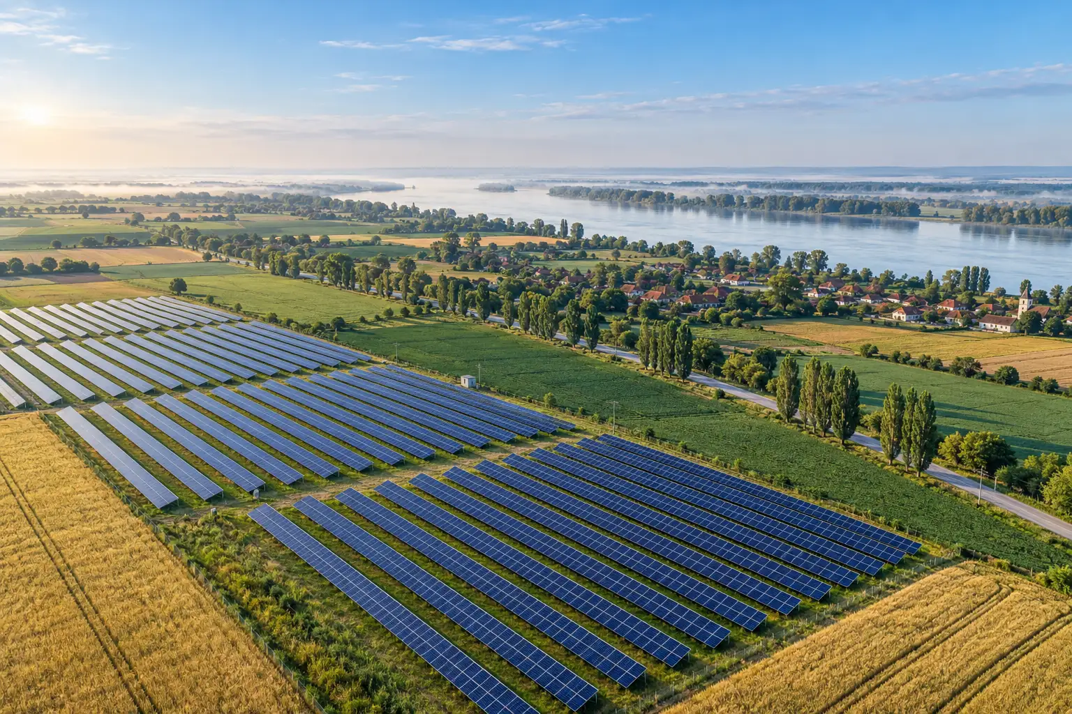 Rows of solar panels in wheat fields on the Danubian plain, with a village and the Danube behind